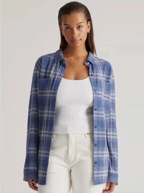 Quince Stretch Sweater Fleece Flannel Shirt Size Medium - Indigo Blue Check